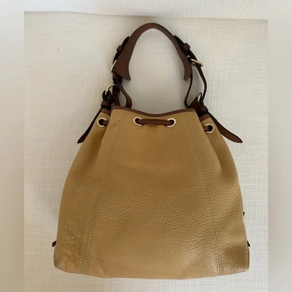 Vintage Dooney & Bourke Tan and Brown Leather Drawstring Bucket Bag